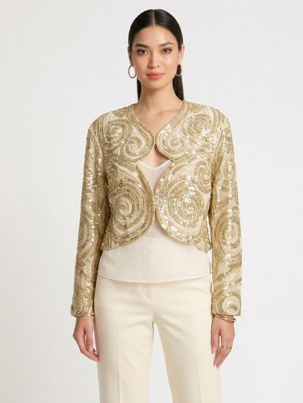 George F. Couture Vintage Sequin Gold White Bolero Jacket